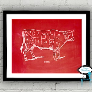 Vintage Beef Butcher Diagram - 8X10 - Meat Chart - DIY - Wall Art - Restaurant Art - Meat Cut - Kitchen Art - Beef Meat Cut - Cow Diagram