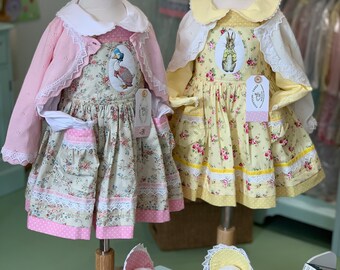 Flopsy Bunny and Jemima Puddleduck Pinafores, with Baby Pink and Lemon Polka Dot Cotton