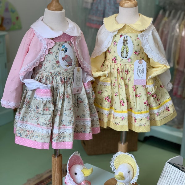 Flopsy Bunny and Jemima Puddleduck Pinafores, with Baby Pink and Lemon Polka Dot Cotton