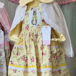 Flopsy Bunny Pinafore Dress, in Lemon Floral with Lemon Polka Dot Trim