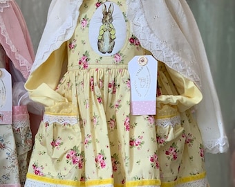 Flopsy Bunny Pinafore Dress, in Lemon Floral with Lemon Polka Dot Trim