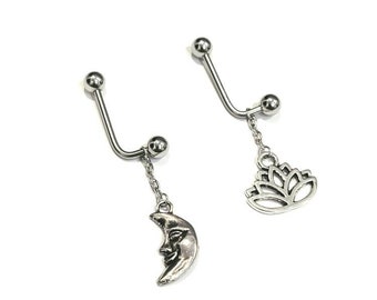 2x Dangling charm - lotus flower Moon Sign moon - Lot of Vertical hood piercings  VCH clitoral Piercing Jewlery L shaped barbell flowers