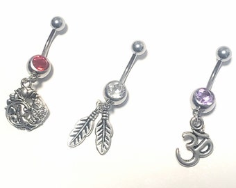 Lot of 3 Pieces - PICK STYLE 1 or 2 sun Buddha Omn Moon Signs Dangling Belly ring body jewlery piercings navel rings piercing