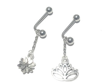 2x VCH Dangling Charm lotus flower - Vertical hood piercings Dangle clitoral Piercing Jewlery L shaped barbell 14mm