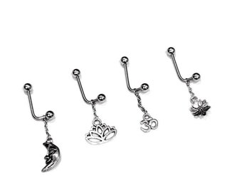 4x VCH Dangling charm - Lotus flower - Omn Sign - Moon - Lot of Vertical hood piercings  clitoral Piercing Jewlery L shaped barbell flowers