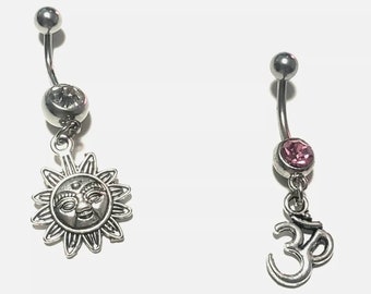 Lot of 2 Pieces - Sun + Omn sign Dangling Belly rings 14G Surgical Steel  Lot 2pc body jewlery piercings navel rings Body piercing