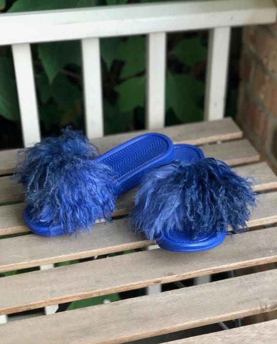 blue fuzzy slides