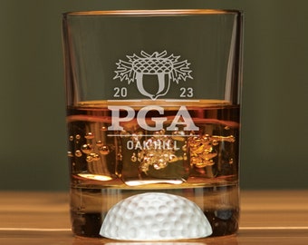 Set/2 - Fore Double Old Fashion - 12 1/2 oz Glass - Frosted Golf Ball Impression - Personalized Gift Engraved