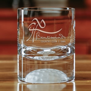 Set/2 - Fairway On The Rocks - 12 oz Crystal Glass - Frosted Golf Ball Impression - Personalized Gift Engraved