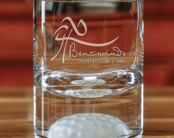 Set/2 - Fairway On The Rocks - 12 oz Crystal Glass - Frosted Golf Ball Impression - Personalized Gift Engraved