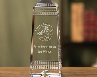 Parthenon Obelisk - Crystal Trophy 10" Tall - Personalized Gift Engraved