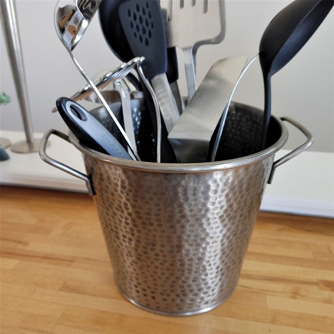 Countertop Utensil Holder With Handles Hammered Metal Silver Kitchen