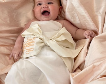 Custom Monogrammed Newborn Swaddle Sash Photo Prop:  pastel pink silk pastel blue silk white monogram