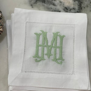 Cocktail Napkins, Hemstitch Linen Monogrammed Cocktail Napkin, custom Embroidered