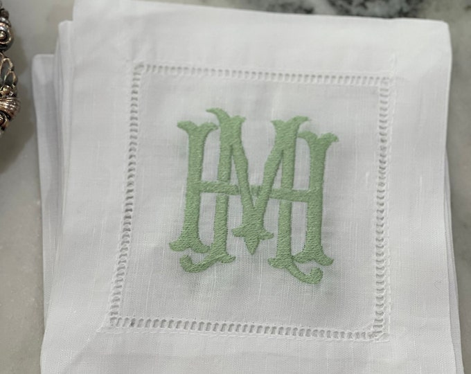Cocktail Napkins, Hemstitch Linen Monogrammed Cocktail Napkin, custom Embroidered
