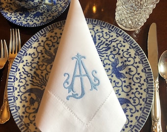 Hemstitch Linen Cotton Embroidered Napkins, monogrammed dinner napkins