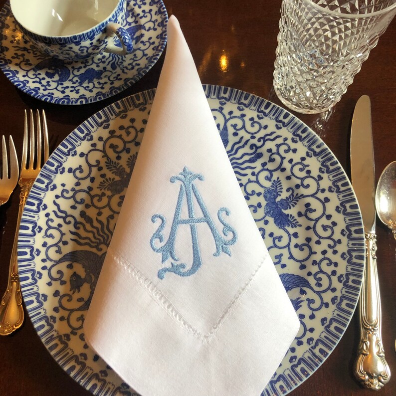 Hemstitch Linen Cotton Embroidered Napkins Monogrammed Dinner Etsy