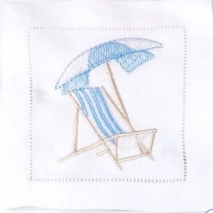 Hemstitch Linen Embroidered Cocktail Napkins,  Summer, Beach Chair Umbrella Embroidery Design