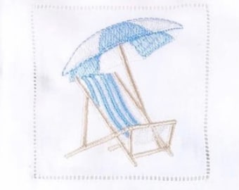 Hemstitch Linen Embroidered Cocktail Napkins,  Summer, Beach Chair Umbrella Embroidery Design