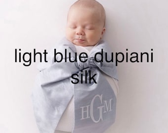 custom Monogrammed Newborn Swaddle Sash Photo Prop,Pastel Blue Silk White Monogram