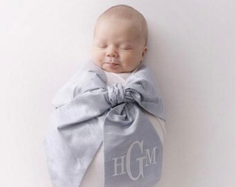Custom Blue Silk Sash and Swaddle Set embroidery monogram
