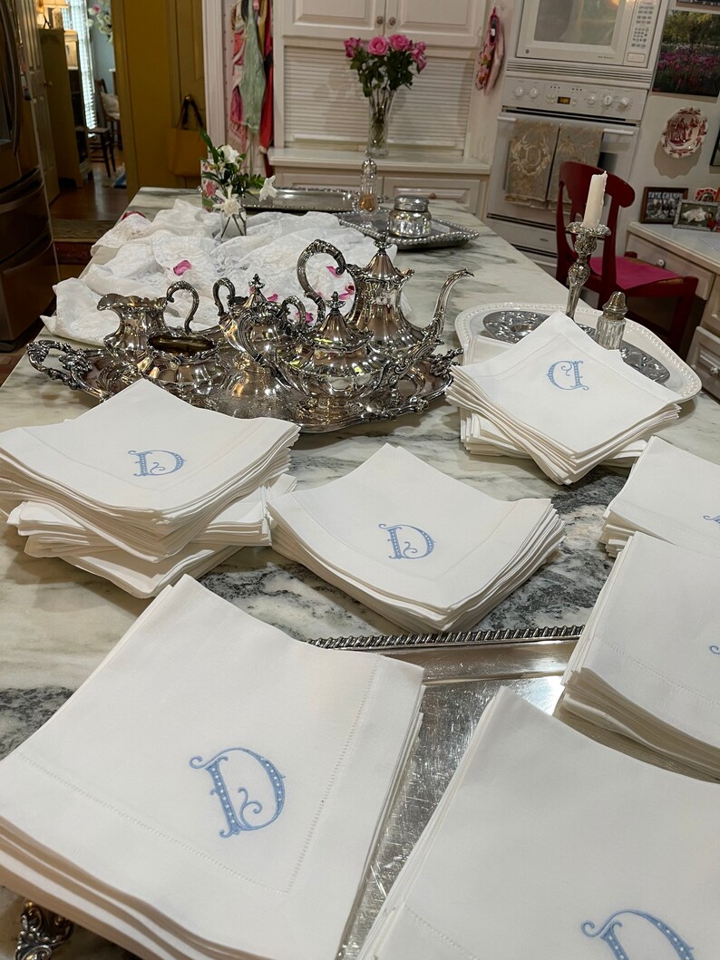 Hemstitch Linen Cotton Embroidered Napkins Monogrammed Dinner Etsy