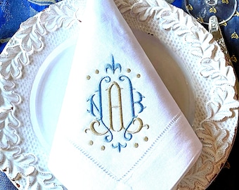 Monogrammed Linen Cotton Dinner Napkins wedding custom embroidery cocktail napkin hemstitched gift mother special occasion