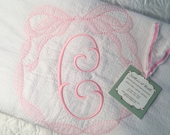 White Seersucker Swaddle with Shadow Embroidery Bow, Personalized Swaddle, Name Blanket