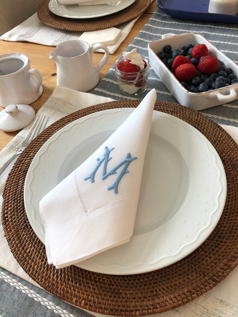 Hemstitch Linen Cotton Embroidered Napkins Monogrammed Dinner Etsy