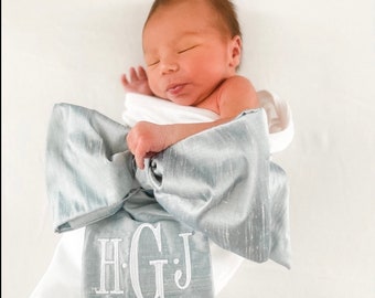 Custom Monogrammed Newborn Swaddle Sash Photo Prop,Pastel Blue Silk White Monogram