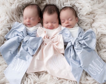 Monogrammed Newborn Swaddle Sash Photo Prop,Pastel Blue Silk White Monogram