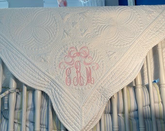 Baby quilt, custom personalized baby blanket, cotton quilted shower gift, custom antique dot monogram,bow embroidery