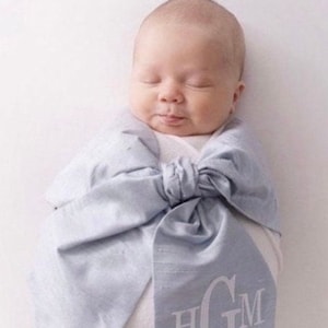 Monogrammed Newborn Swaddle Sash Photo Prop,Pastel Blue Silk White Monogram