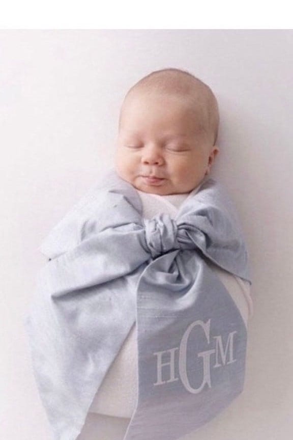 Monogrammed Newborn Swaddle Sash Photo Prop,Pastel Blue Silk White Monogram
