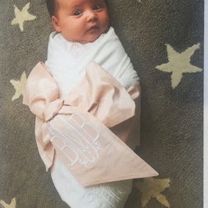 Pink Silk Baby Swaddle Sash for Swaddled Baby, custom embroidered initials, gift for new mom, baptism gift from godparents or grandparents