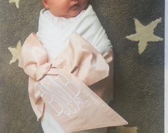 Pink Silk Baby Swaddle Sash for Swaddled Baby, custom embroidered initials, gift for new mom, baptism gift from godparents or grandparents