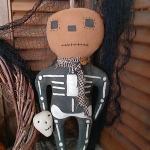 One Primitive Pumpkin Skeleton Doll*Peg Hanger*Cupboard Doll*Halloween*Pumpkin*