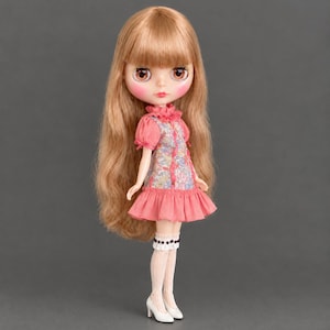 May include: A doll with long, wavy light brown hair, large brown eyes, and pink lips. The doll wears a short-sleeved dress with a floral bodice and a solid pink ruffled skirt, paired with white knee-high socks and white high-heeled shoes.