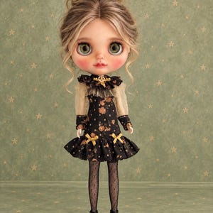 May include: A doll with blonde hair styled in a high bun, featuring large green eyes and rosy cheeks. The doll wears a black dress with a floral pattern, gold bows, a ruffled collar, sheer long sleeves, black fishnet tights, and black shoes.