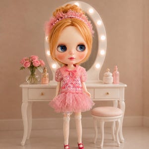 May include: A doll with ginger hair styled in an updo with a pink lace headband, wearing a pink dress with a patterned bodice, puffed sleeves, and a layered tulle skirt. The doll has white fishnet stockings and red shoes, standing in front of a vanity.