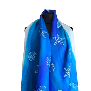 Hand-Painted Silk Scarf: Seashell Design, Blue & White, 150cm x 45cm