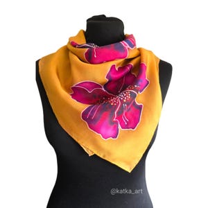 Hand-Painted Silk Scarf: Cherry Blossom Flower Design, 67cm Square