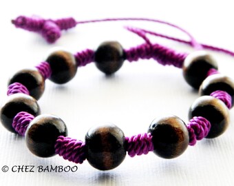 Hand Knotted Rosary Bracelet, Wood Beads, Magenta Nylon Yarn
