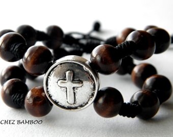 Hand Knotted Wood Bead Rosary Bracelet, Silver Cross, Adjustable