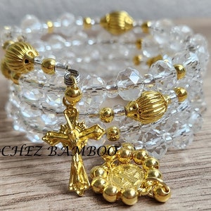 Rosary Bracelet,Wrap Rosary Bracelet,Catholic Rosary Bracelet,Godmother Gift,Saint Benedict Charm Medal Rosary,Wedding Bridal Crystal Rosary