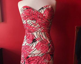 Vintage Hawaiian Style Pencil pinup dress Sweetheart Retro Tropical Exotic Strapless Shelf bust Wiggle Dress 1950's XS 1950 Rockabilly