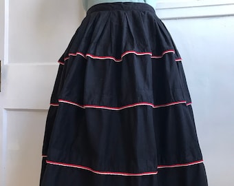 Vintage 1950 Tiered Skirt Black Western Patio Skirt Ruffle 50's pleated 1950s Rockabilly Fiesta SKIRT XS 25''