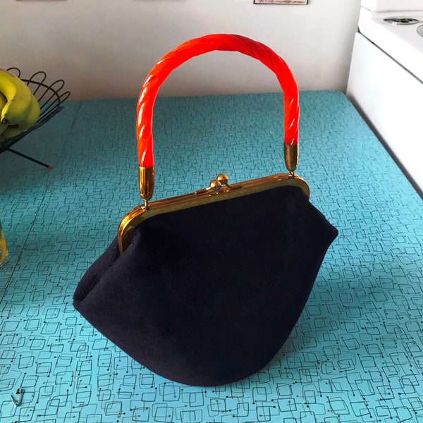 Vintage 1940s 1950s Navy Felted Wool Handbag w/ Lucite Amber Handles 40’s 50’s bag Chic elegant 1940 1950 bag Art deco