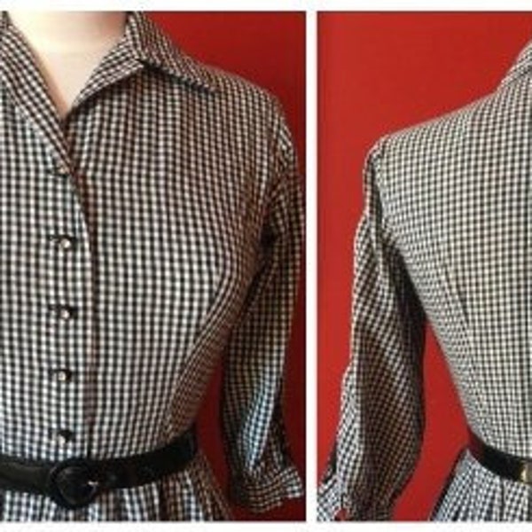 Vintage 1950s gingham black white dress 50's fall dress embroidery Small day dress western style 1960s