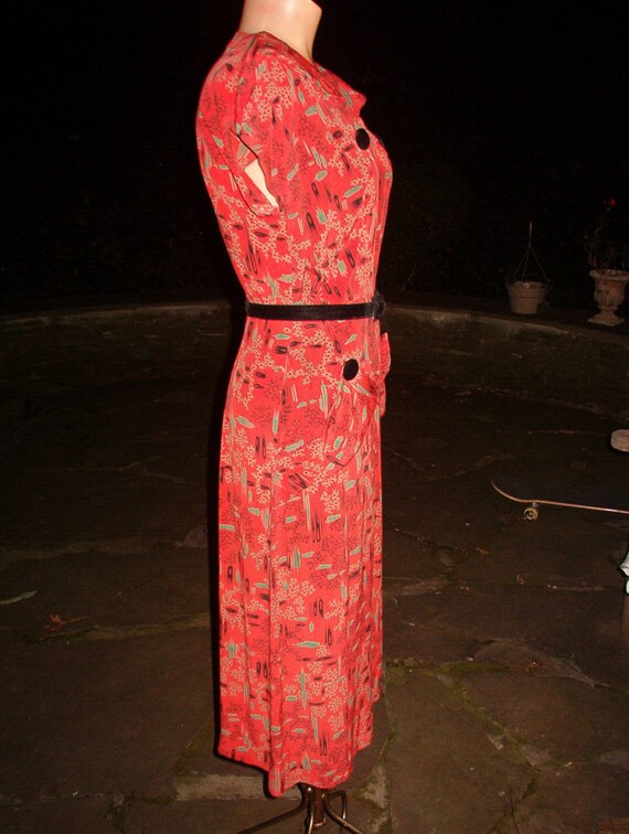 original 1940s 1950s Rayon Dress Novelty Red 40'S… - image 3